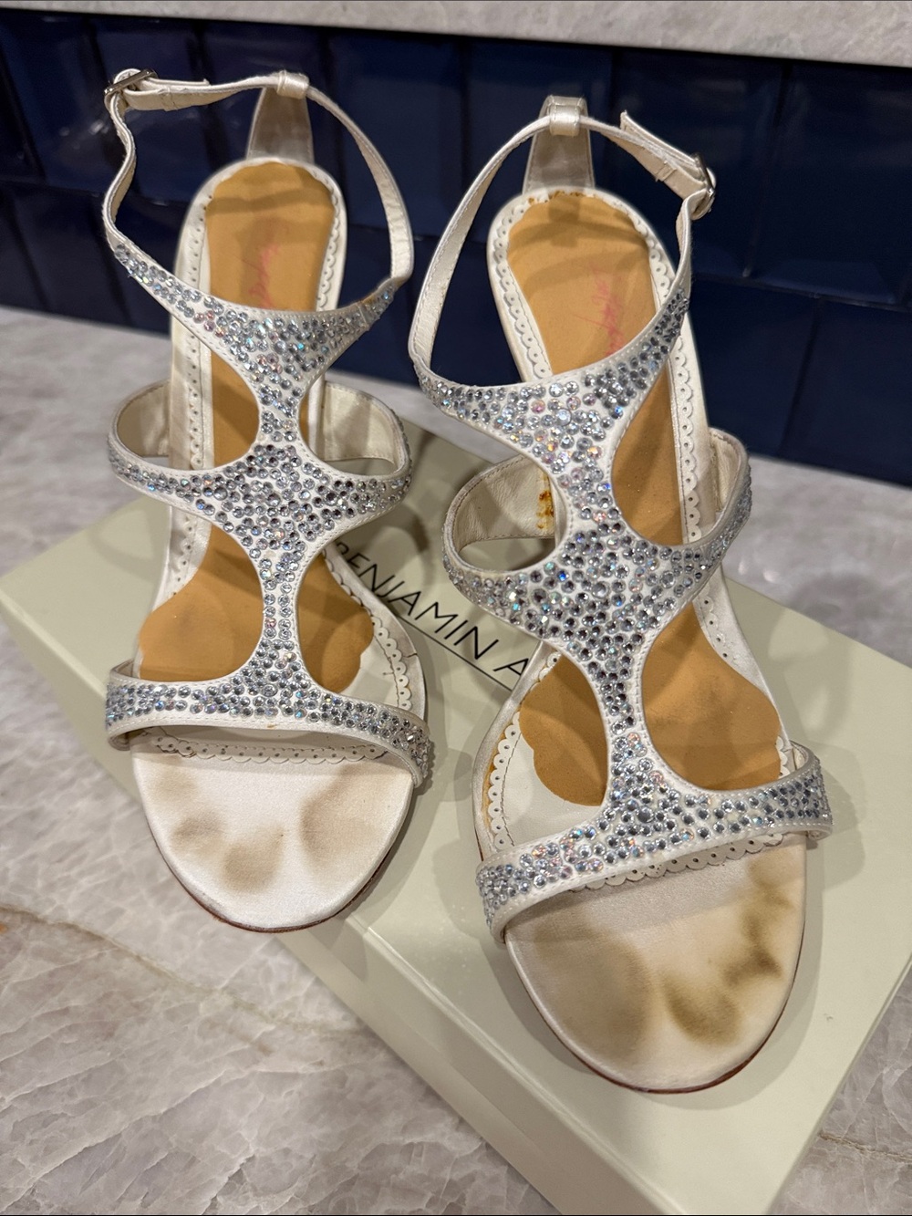 Sequin-Embellished Champagne White Strappy 4” Heel Sandals. Size 10. EUC